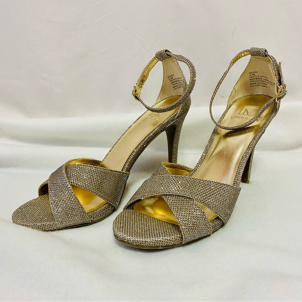Macy’s Material Girl Gold Glitter Ankle Strap Open Toe 4 In. Stiletto Heels 8.5 - Picture 2 of 14